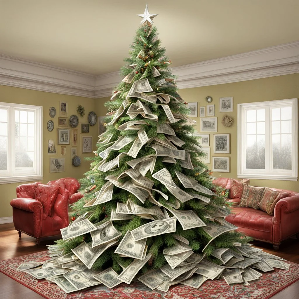 Weird Christmas Tree made out of US twenty dollar bills, surreal, photorealistic, hyper detailed, sharp focus, concept art, by Cindy Sherman, background a suburban living room,