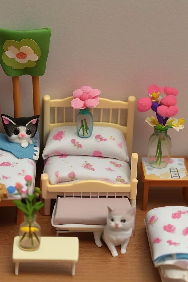 Sylvanian family cat and kitten hospital, hospital furniture, charts on beds, flowers in a vase on a table next to a bed