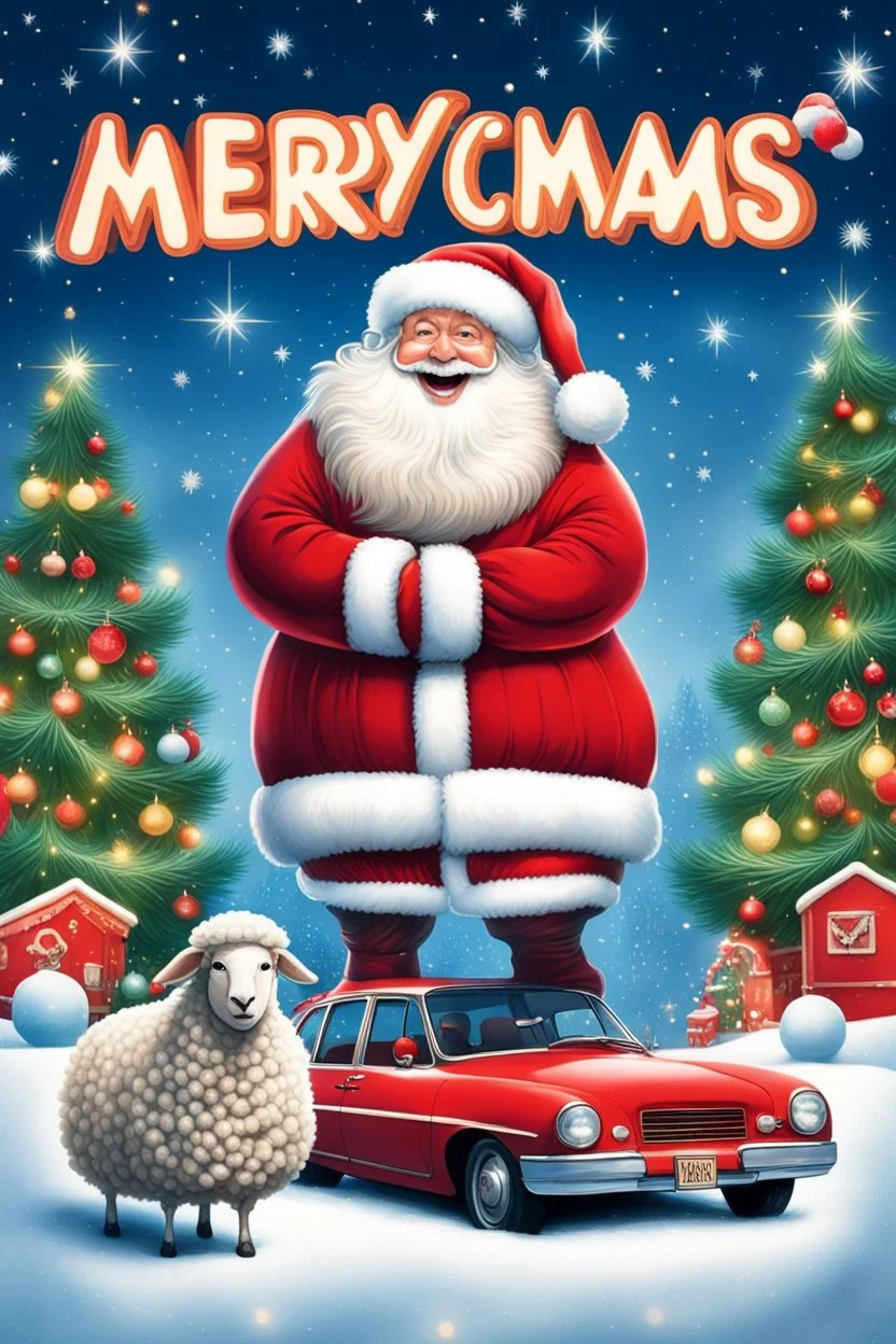 Create a whimsical 1990s-style movie poster featuring a jolly, rotund Santa humorously merged with a fluffy sheep. Capture the playful spirit of 'National Lampoon's Christmas Vacation.' Display 'Merry Xmas Autofarm' prominently in festive, bold letters, framed by twinkling lights and classic Christmas motifs. Use bright, nostalgic colors and playful design elements to evoke retro holiday magic and comedic fun