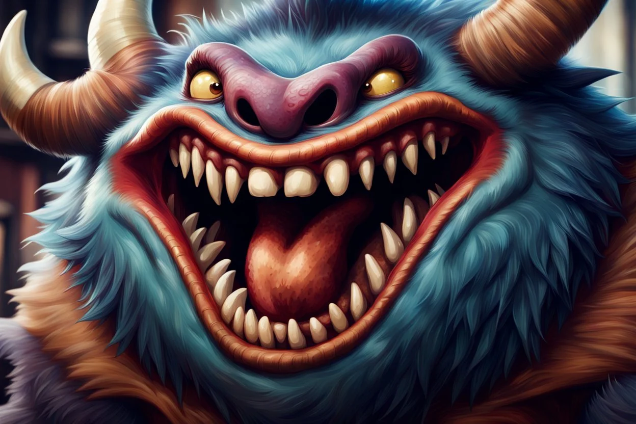 closeup of a maniacal grinning monster's face, big teeth, tusks, fur, bumps and curled horns, my pet monster inspiration, urban character design