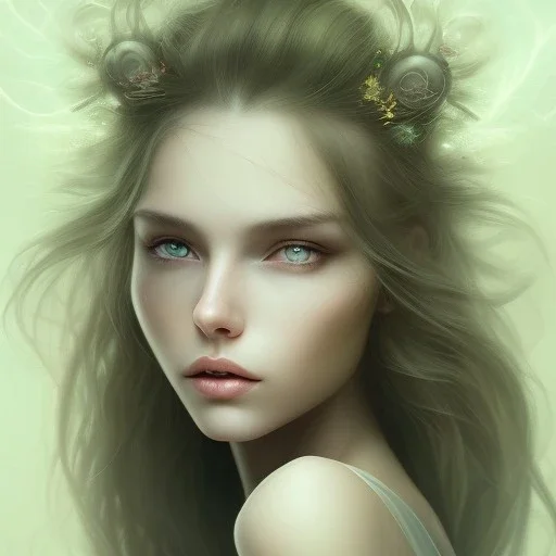 woman with Light-brown long hair, dark fantasy setting, ethereal, soft lighting, soft green eyes, medium cheeks, big forehead, wide chin, small nose, Portrait of mutant,sexy, perfect composition