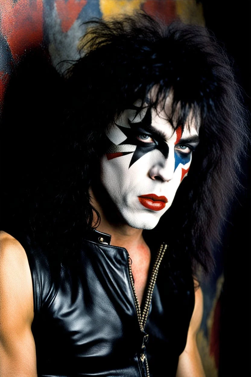 text 'KISS' - head and shoulders portrait, KISS 20-year-old Paul Stanley, Black star on right eye, Chest and stomach hair, black spandex and leather, 8-inch high platform boots, - a multicolored cement wall in the background,