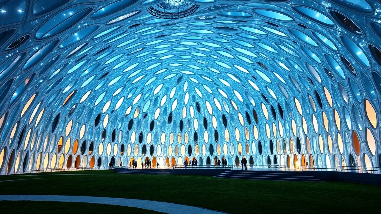 A stunning pavilion with wave-like, curved architecture made from a combination of crystal-clear glass and bioluminescent materials. The structure is adorned with countless windows of varying shapes, creating a mesmerizing play of light and shadow. Award-winning photograph, beautiful composition, exquisite detail and illumination