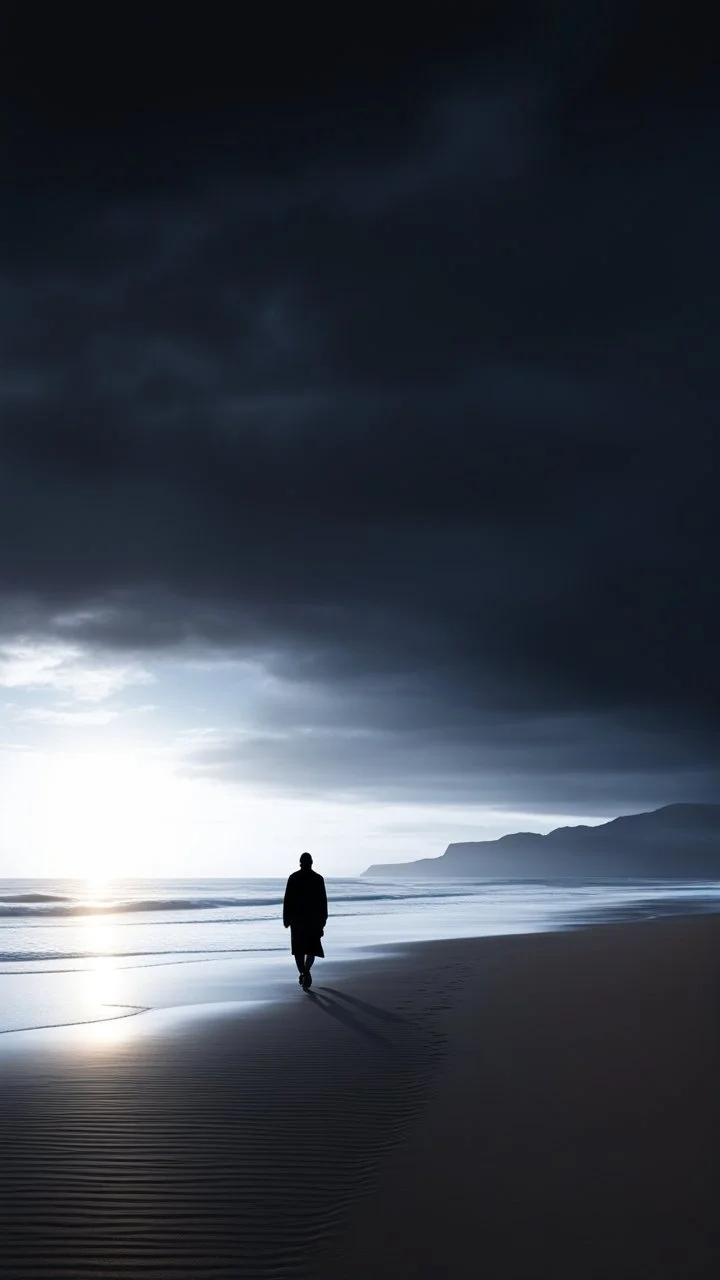 A lone figure walking along a vast, empty beach at sunset, their silhouette stark against the hyperrealistic sky reminiscent of the work of Halim Ghodbane, with crashing waves rendered in the detail of Jason De Graaf. (combines Halim Ghodbane & Jason De Graaf)