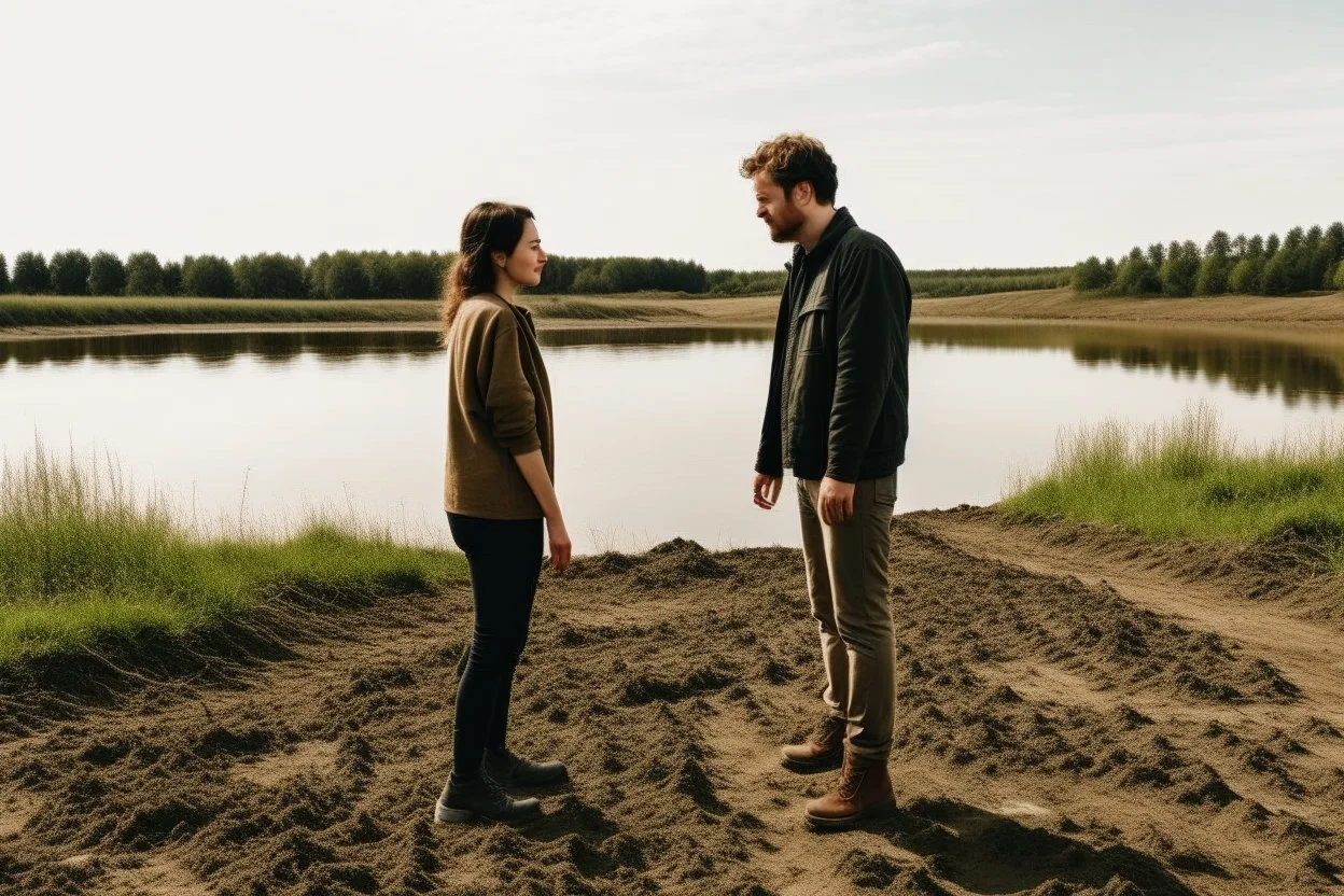 A picture of two people exchanging criticism in a constructive and respectful manner, standing on a land surrounded by dirt, and behind them a lake
