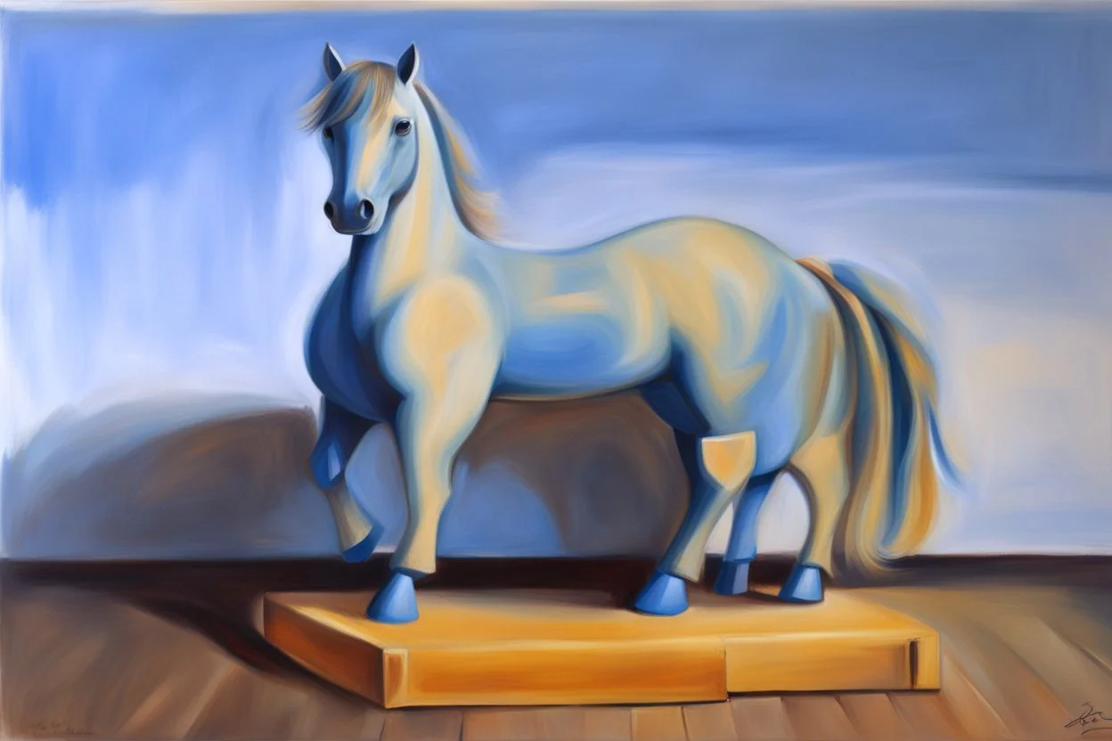 Big blue plastic toy horse.19th painting