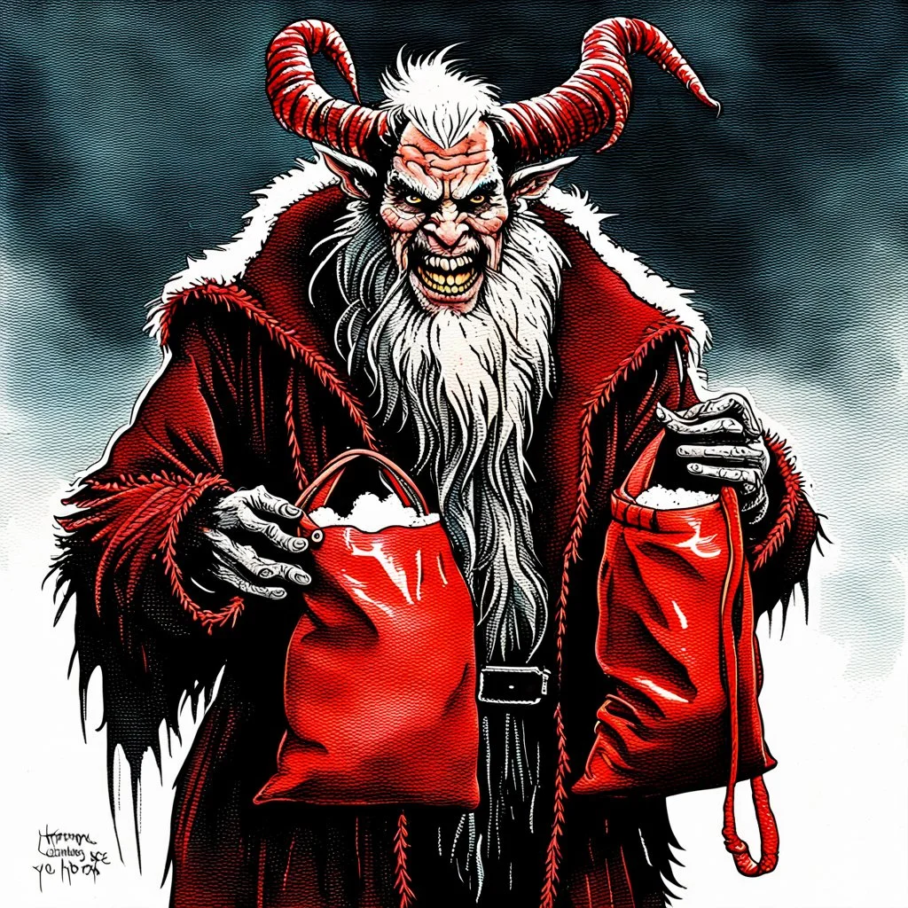 Watercolor oil paint. Medium shot. A Burtonesque Krampus wears a tattered dark red outfit with dingy white fur trim. He looks directly at the viewer holding an empty black Santa sack. Winter background. Caption reads "Krampus commands you to get in the sack." Hyperrealistic splash art concept art. Intricately detailed. Vibrant color depth. Dramatic 2/3 face angle. Side lighting. Colorful background. masterpiece, best quality, 8k, intricate, trending on artstation.