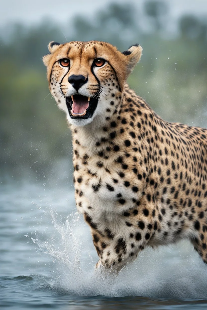 /imagine prompt: realistic, personality: [Capture a close-up shot of the cheetah diving into the river, its body partially submerged in the water. Water splashes around it as it fights against the strong current, trying to change its course. The determination and strength on the cheetah's face are evident]unreal engine, hyper real --q 2 --v 5.2 --ar 16:9