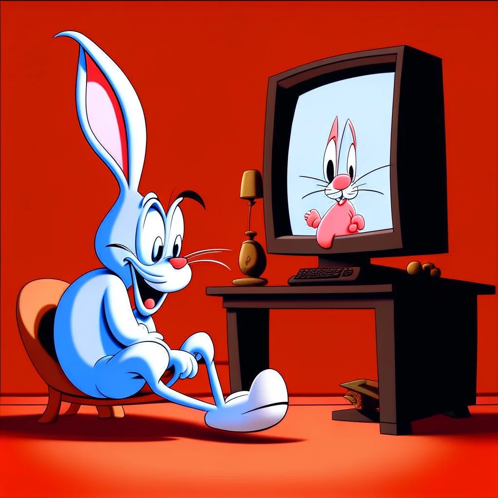 bugs bunny watching a tv about a video game with a pig doing music