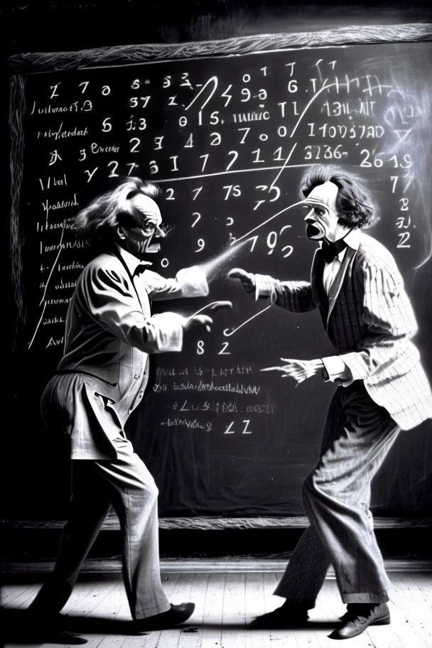 Albert Einstein and Richard Feynman fighting eachother for numbers on a blackboard with magic