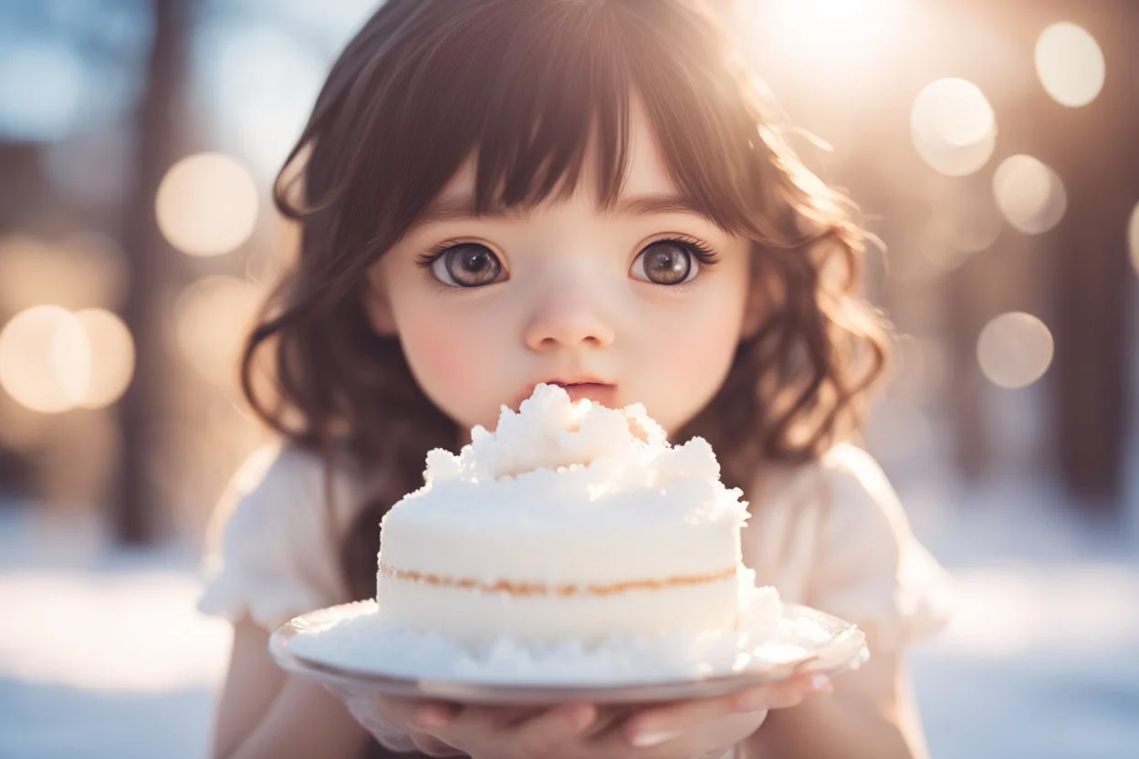 cute brunette chibi girl eating white snowcake in sunshine ethereal, cinematic postprocessing, bokeh, dof