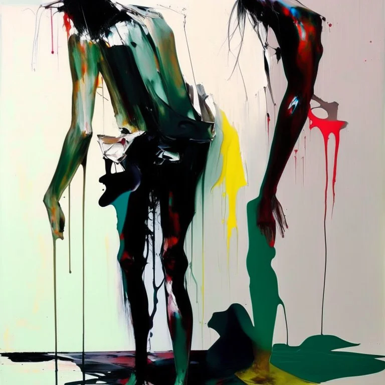 Empty Minimal contemporary abstract flat figurative painting.. Big brushstrokes. Twisted fragments of bodies. Drips of paint. style of Justin Mortimer and Adrian Ghenie. Triadic colour