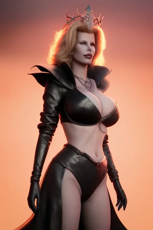 Kim Basinger as evil queen in black leather, busty, cleavage, curvy, angry, happy, stern look. character design by cory loftis, fenghua zhong, ryohei hase, ismail inceoglu and ruan jia. unreal engine 5, artistic lighting, highly detailed, photorealistic, fantasy