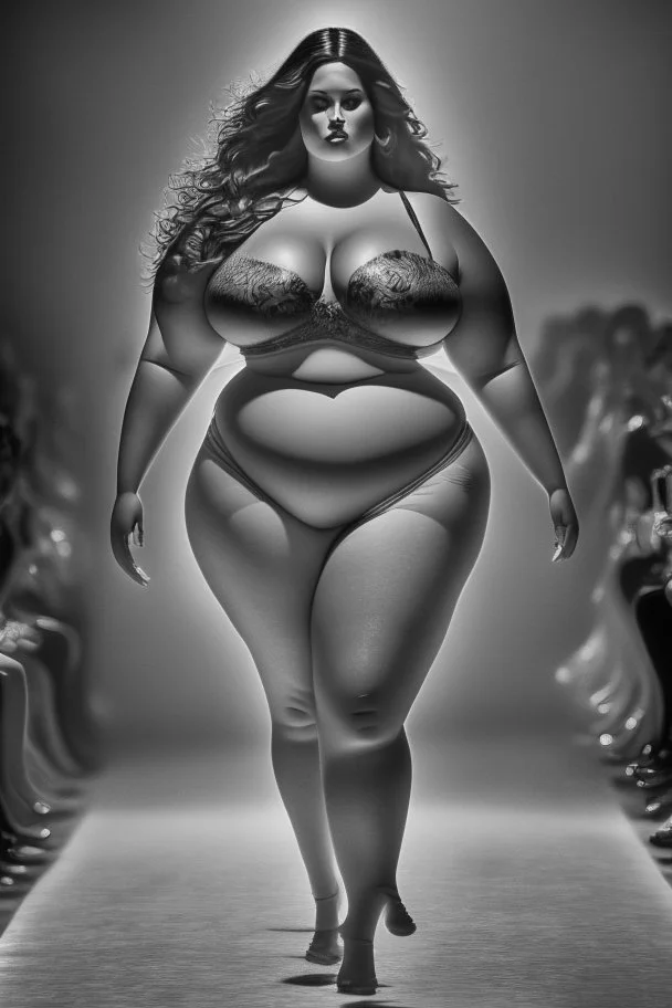 full_body_shot_of_a_hyper_realistic_ultra_detailed_photograph_of_a_beautiful curvy sexy clothes ,female model walking down a runway at a fashion show dark