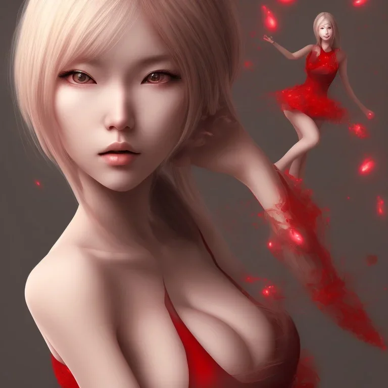 Japonesa hitomi Tanaka sozinha, vestido vermelho, rosto muito detalhado, rosto realista, corpo inteiro, realista, efeito névoa, particulas