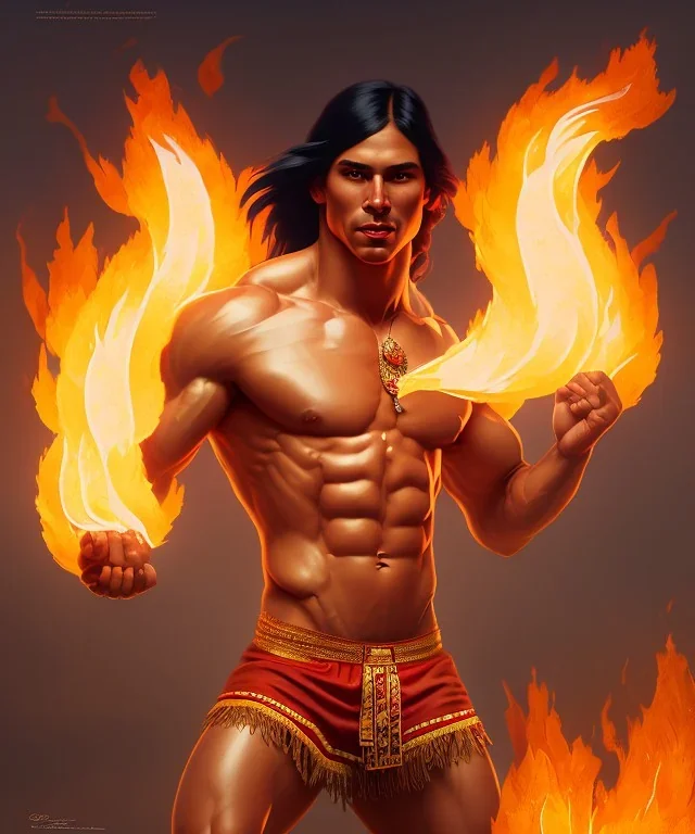 native american warrior, long black hair, dancing on top of fire, big muscles, loincloth, shirtless, 8k resolution concept art portrait by Greg Rutkowski