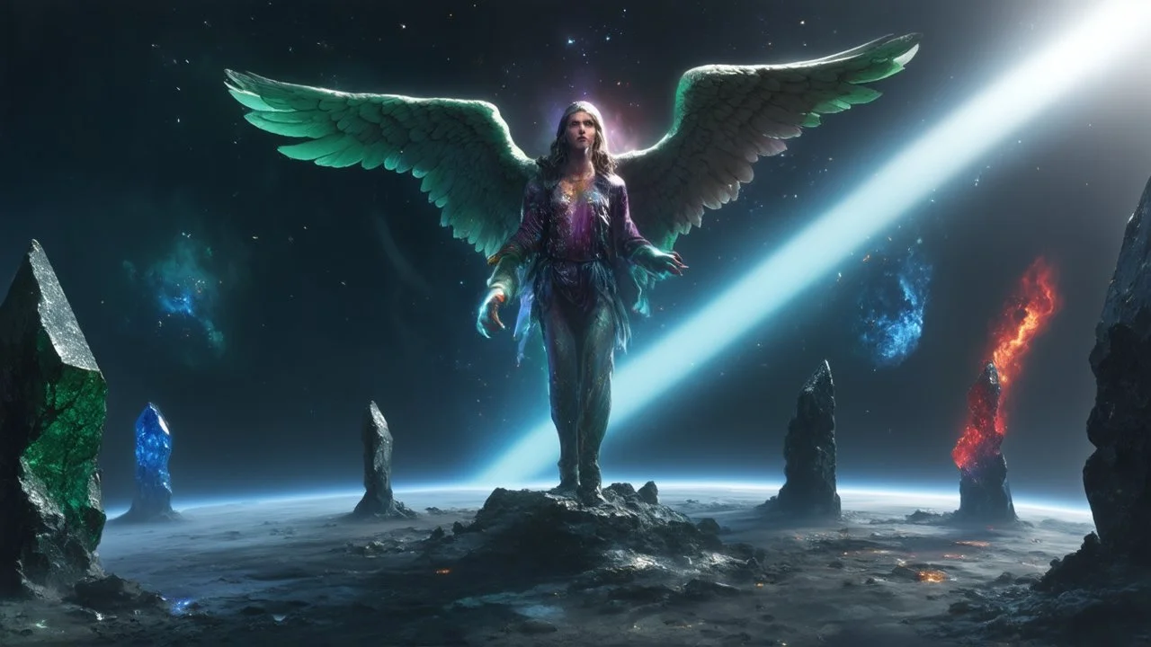 hyper realistic, meteorite impact that brought tiberium crystals near the forest and monoliths on the right side in green and red colours on the right side ,and blue on the left side which is getting bigger and getting closer to the angel. And in the middle stands a beautiful angel from another universe and behind him a galaxy in different colors of space on which you can see a spaceship,