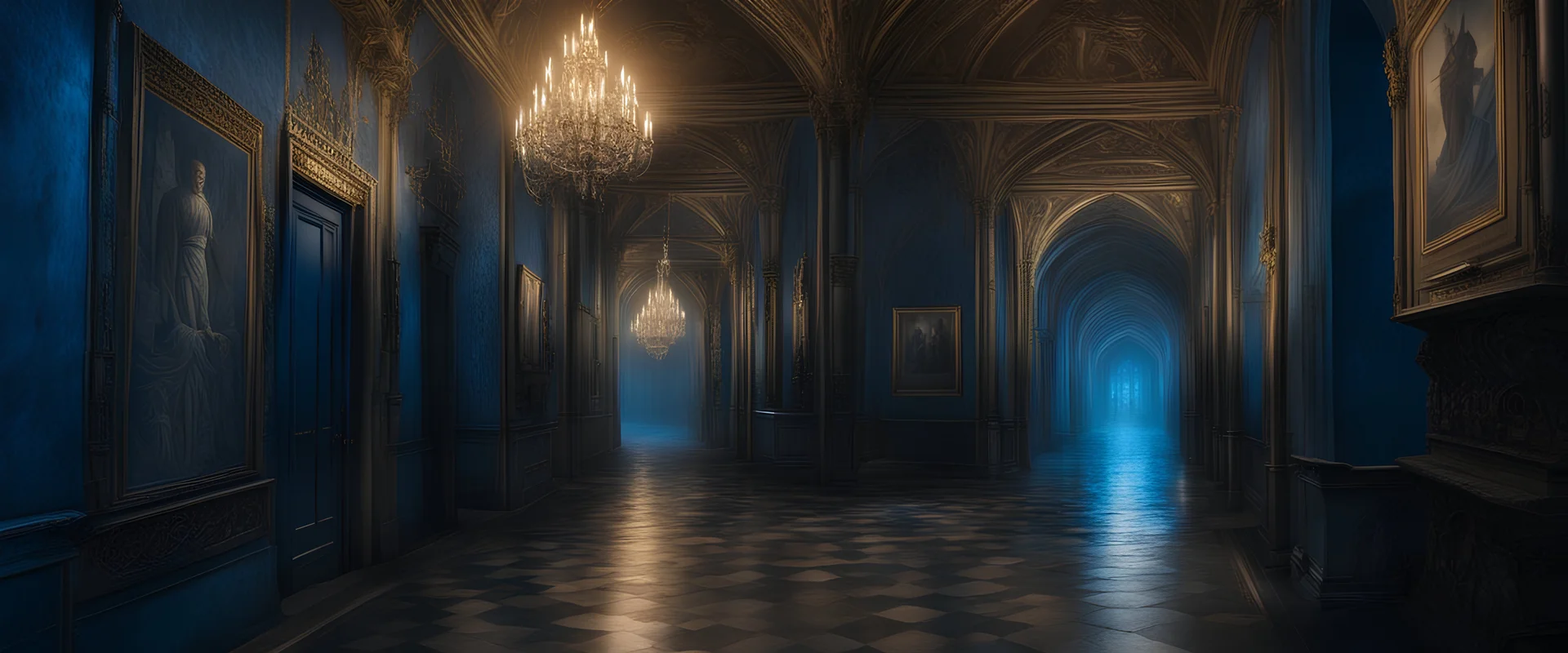 royal castle hallway, night, blue color, mysterious, hogwart