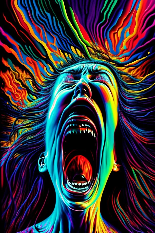 a woman screaming into the void and it screams back highly detailed vivid colours, her mouth wide open in terror, as she releases her piercing scream, the void responds in kind, reverberating with a deafening echo, the scene is filled with highly detailed, vivid colors that reflect the intense emotions, the vibrant hues create a surreal atmosphere, amplifying the sense of fear and anguish. this artwork captures the raw power of the woman's scream and the haunting response of the void, making it