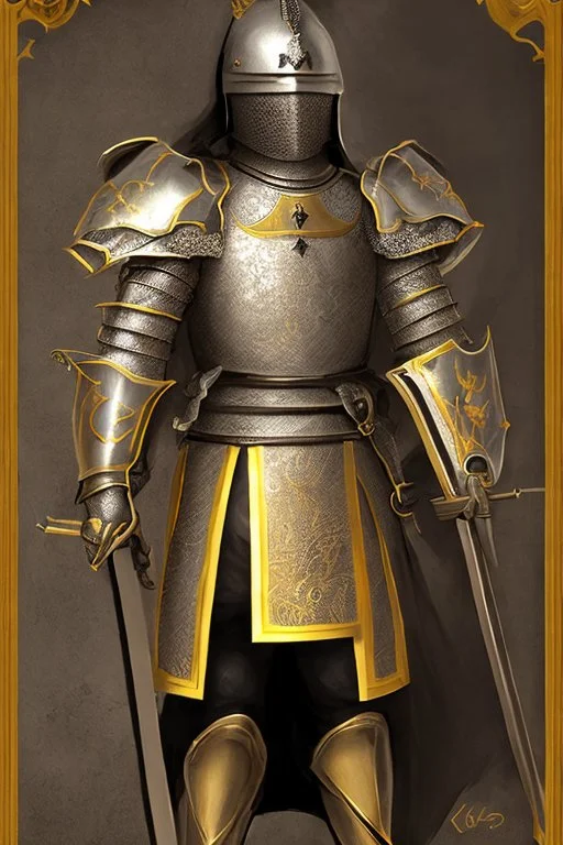 A handsome 30 year old knight, black hair, male bob haircut, in black-and-gold plate armor, golden katana in both hands, no beard, european