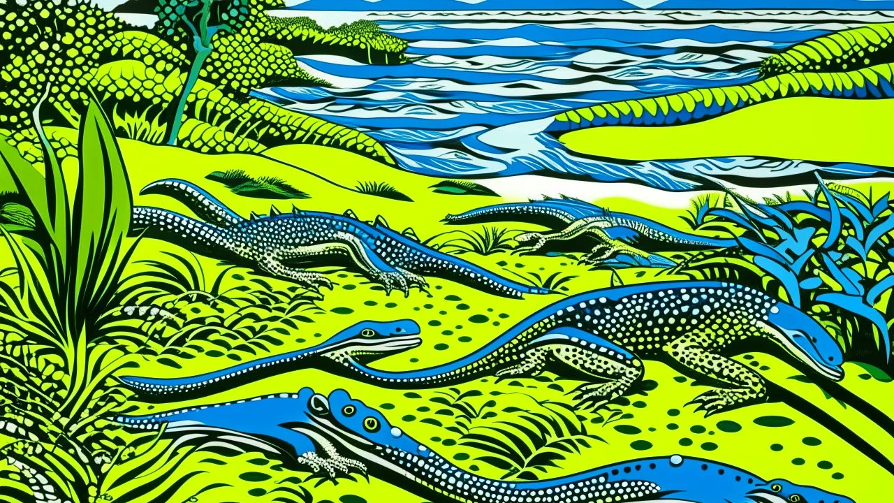 Greenish blue coastal plains with draconic lizards near a beach painted by Roy Lichtenstein