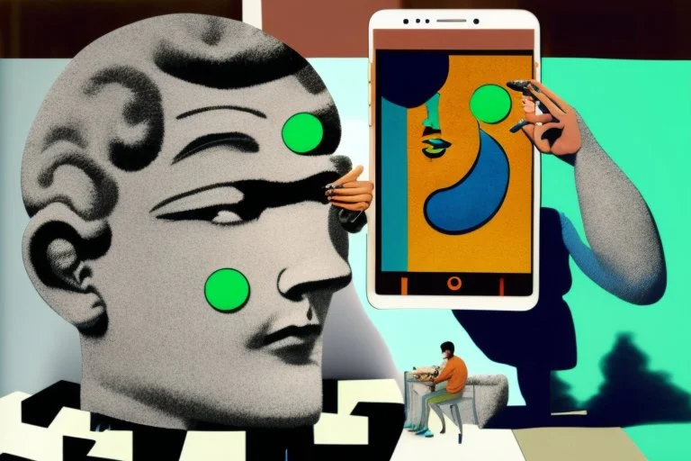 giant mobile phone with earth on the screen and small man with head inside it in the style of Eileen Agar