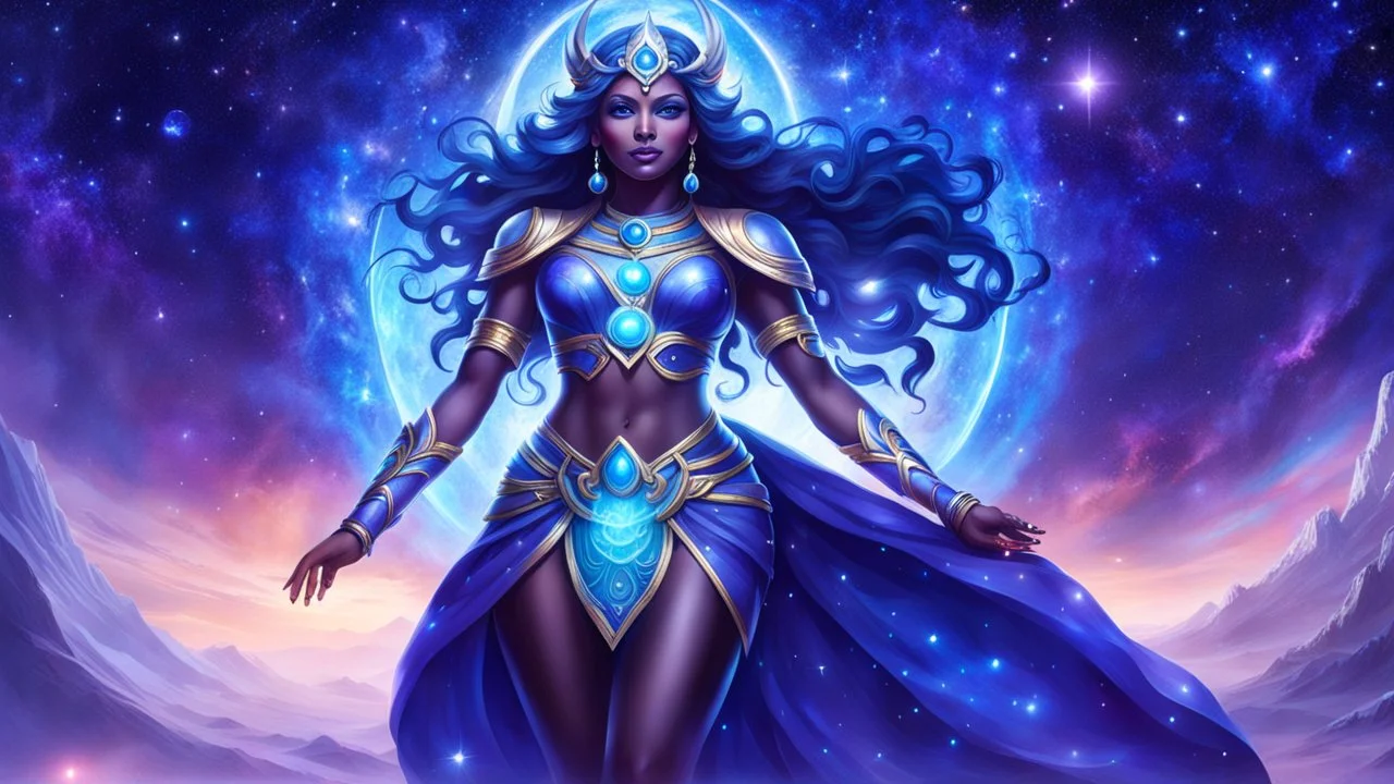 Full body portrait of a peaceful smiling guardian Goddess of the galaxies with a blue indigo purple skin, high skul, luminous eyes