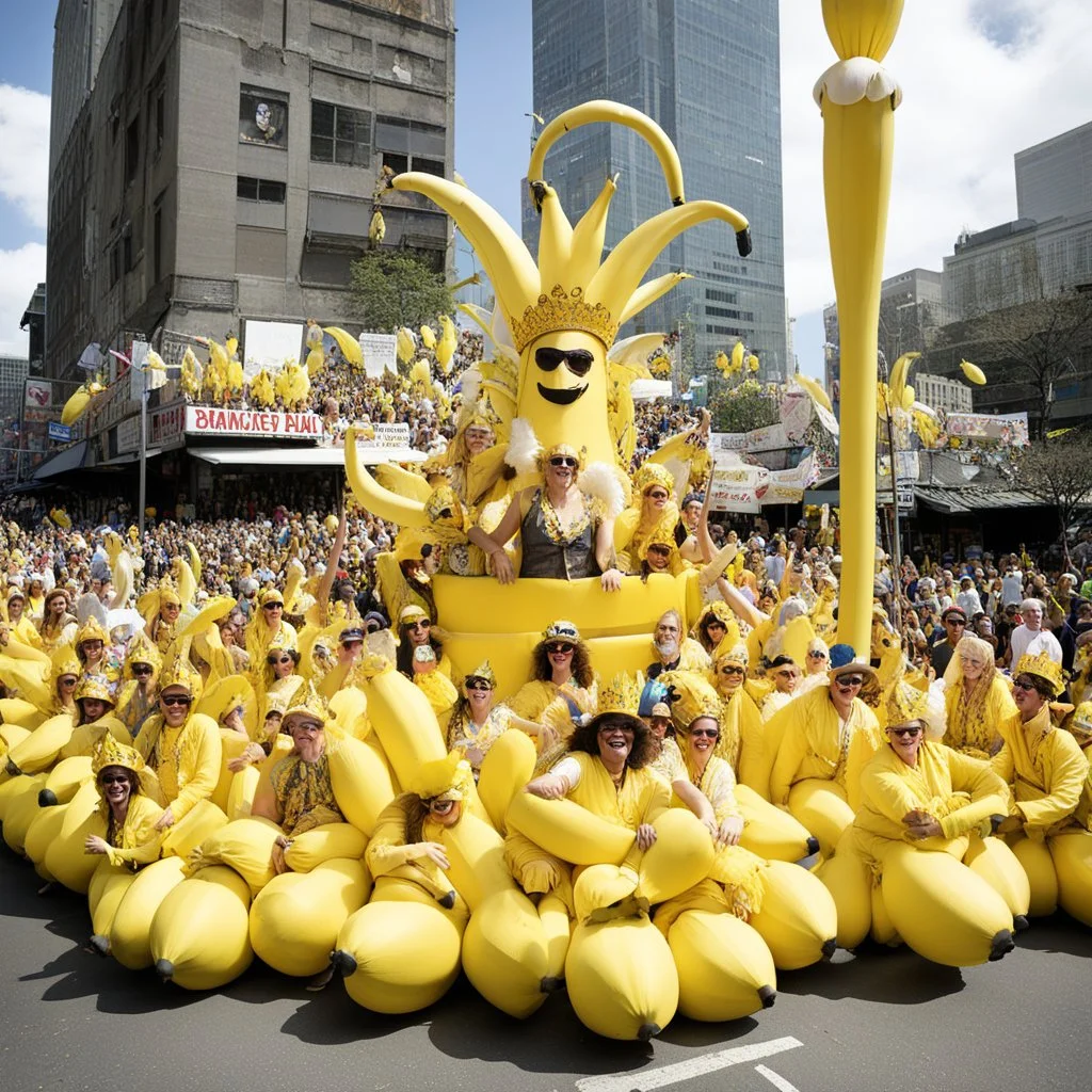 [high res photo by Ralph Steadman] On Banana Appreciation Day, Megcity One turns bright yellow as people wear banana costumes, crowns, and hats. The parade starts with the golden Banana Throne float and dancers dressed as dancing bananas. Huge inflatable bananas bounce above the cheering crowds. Performers play silly “banana games,” from juggling to scooter races and banana bowling.