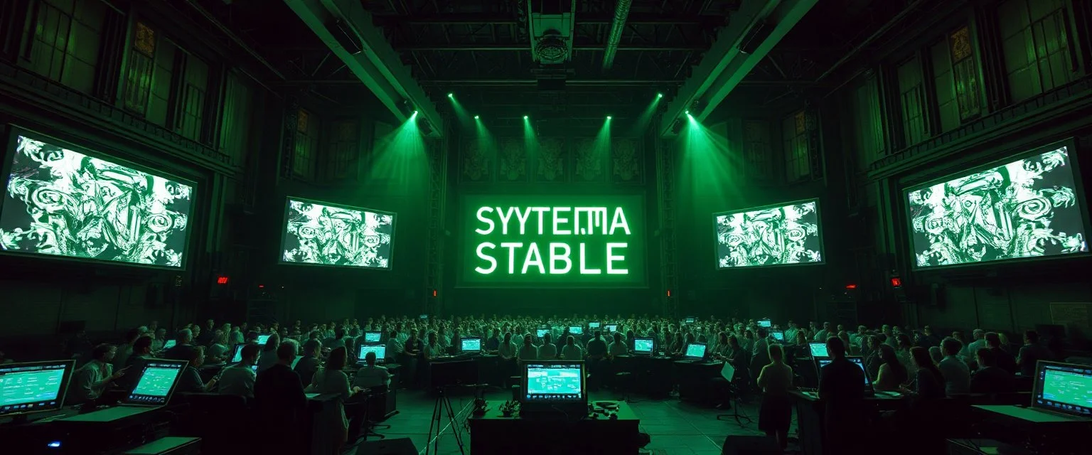 giant industrial halls green tube lighting choir vocals ancient-celtic-meets-cyberpunk imagery synchronized mechanical drumming flickering CRT screens saying "SYSTEMA STABILE"