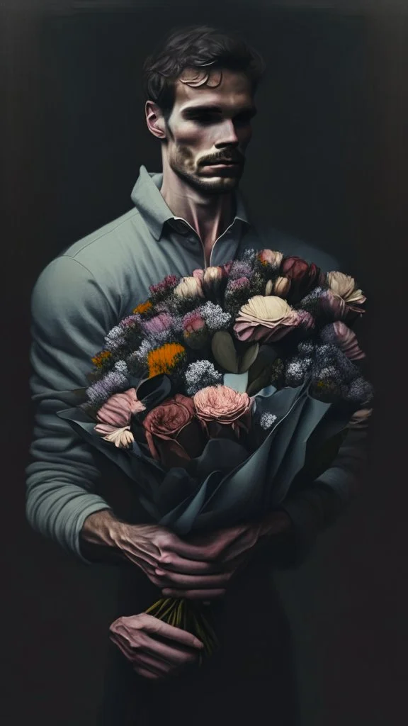 An image of a man holding a bouquet of flowers . --auto --s2