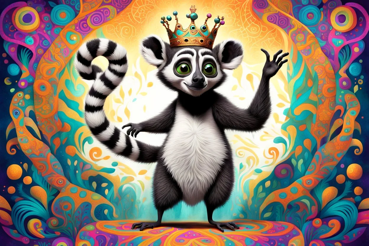 surreal, vibrant digital artwork featuring king Julien the lemur dancing with his tail held up high, with intricate abstract patterns and motifs swirling around them. striking facial features, wearing a crown made of skulls. dancing to "you gota to move it" in Disney style Madagascar