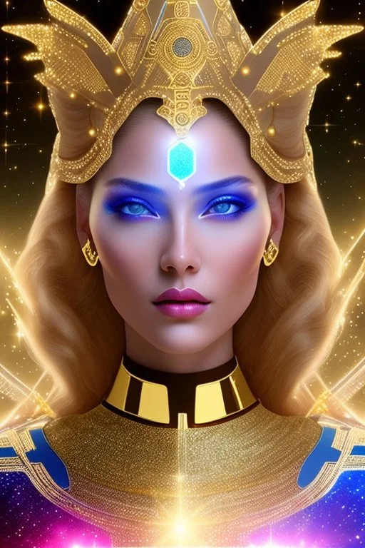 Beautiful tall woman Pleiadian galactic commander, ship, perfect detailed face, detailed golden galactic suit, high rank, long blond hair, hand with five perfect detailed fingers, amazing big blue eyes, smiling mouth, high definition lips, cosmic happiness, bright colours, blue, pink, gold, jewels, realistic, real photo, bright and sunny background, very detailed, high contrast, high definition 8k, pixel 512X512, unreal engine 5, extremely sharp details, light effect, br