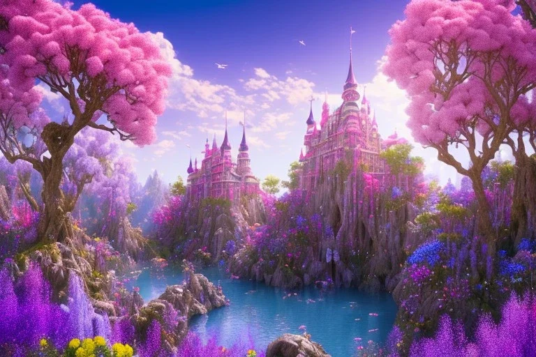 luminous pink castle, on the mountain, sun,swanns,waterfall, BLUE LAKE, SWANNs,fuksia bugainvillier flowers, jacaranda violet trees, sky pink blue, full of details, smooth, bright sunshine，soft light atmosphere, light effect，vaporwave colorful, concept art, smooth, extremely sharp detail, finely tuned detail, ultra high definition, 8 k, unreal engine 5, ultra sharp focus