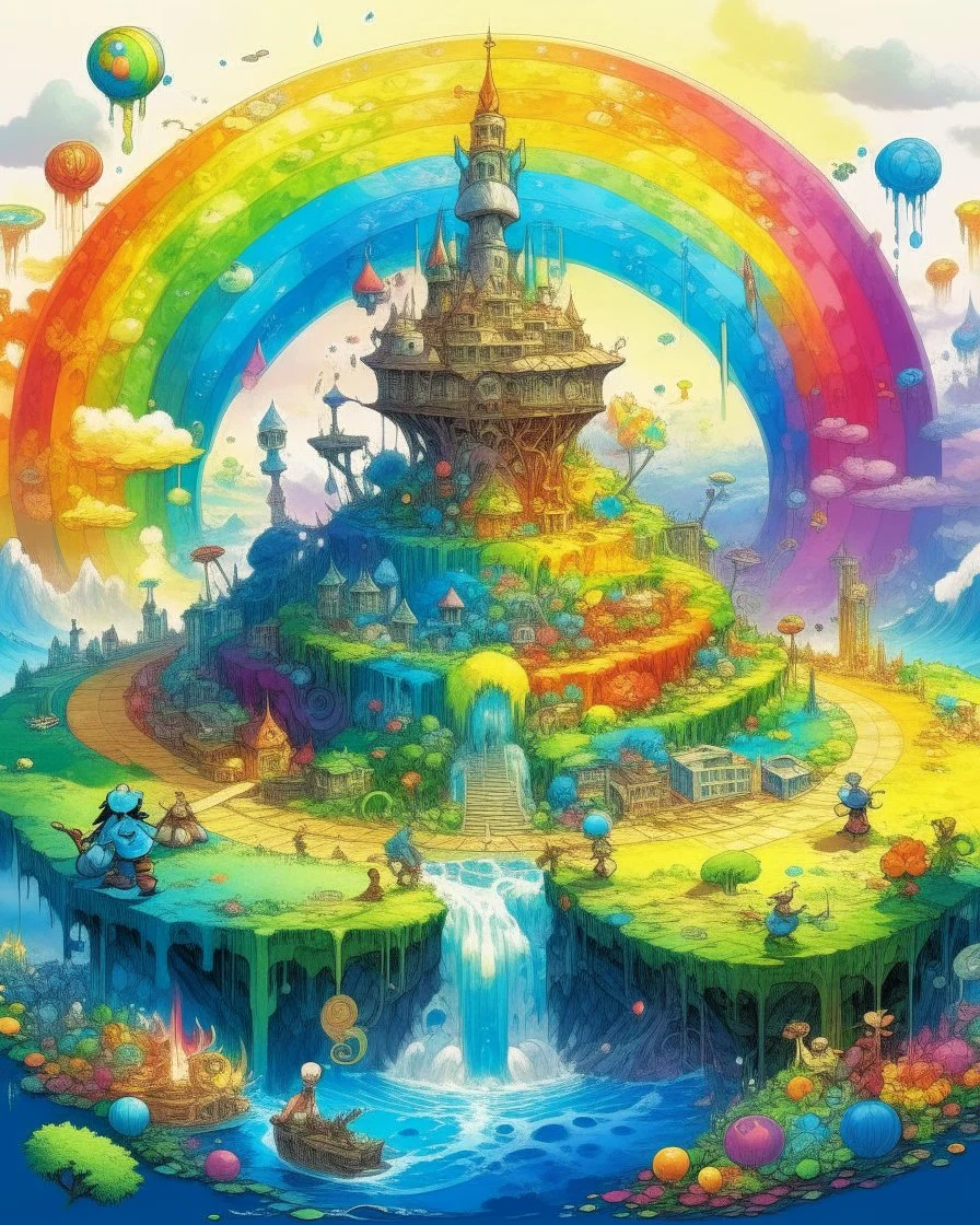 A rainbow kingdom with elements, tactics, and biology painted by Alan Sorrell