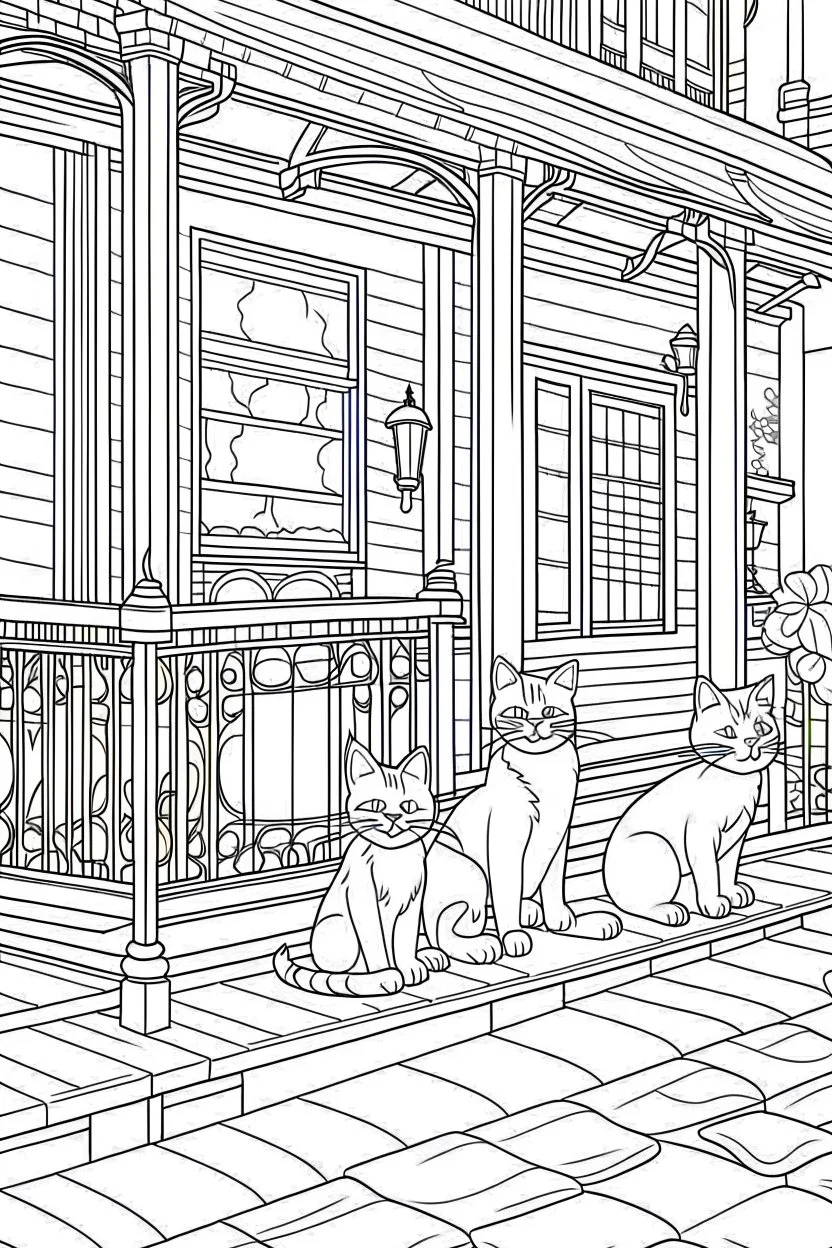 kids coloring page, Cats on the porch, cartoon style, thick lines, low detail, no shading