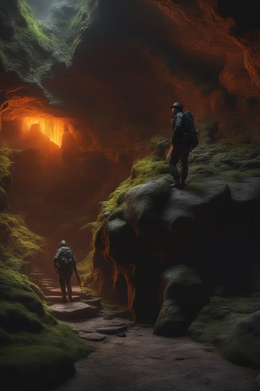 hyper realistic fantasy apocalyptic survivors narrowly navigating the dangerous creatures underworld caverns: vibrant, vivid, breath taking, ominous, surreal, ambiance, atmospheric, centered photo, Intricate 8k Textures, Hyper realistic, stunning realistic photograph, 3d octane render, trending on artstation, Centered realistic cover photo, Hyper Realistic, awesome, full color, dark, Ultra high definition, cinematic, neoprene, masterpiece, ultra sharp focus, Unreal Engine 5, Nanite, even, unifie