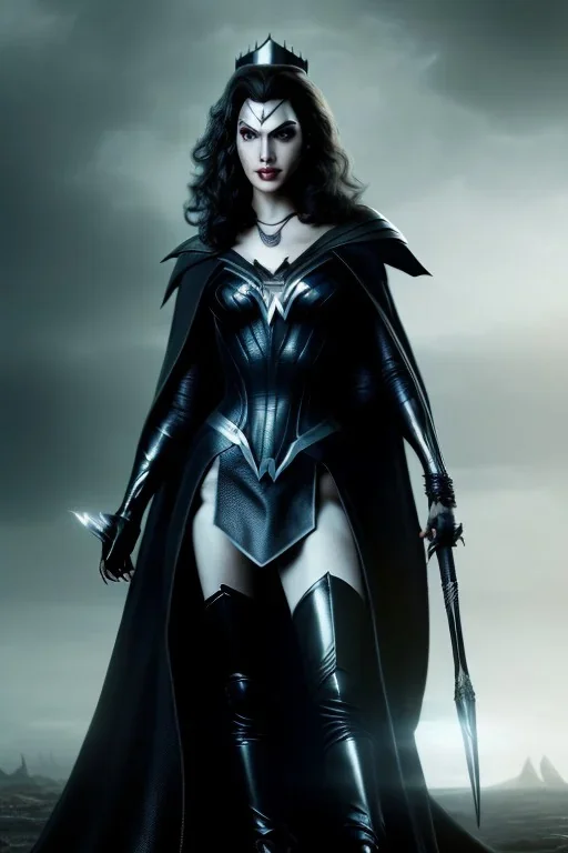 gasl gadot as evil queen in black leather, angry, stern look, volumetric lighting, particales,highly detailed,cinematic, deep colours,8