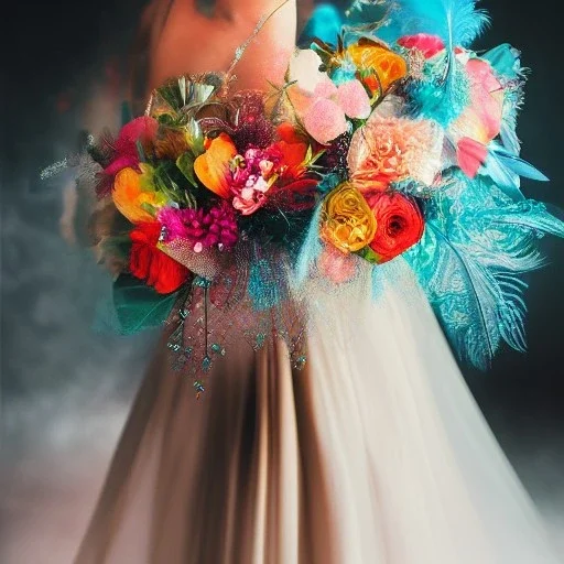 delicate bouquet of lace pearls and feathers, chiaroscuro, vivid colors, festive colors, dramatic lighting, beautiful composition, aesthetic layout