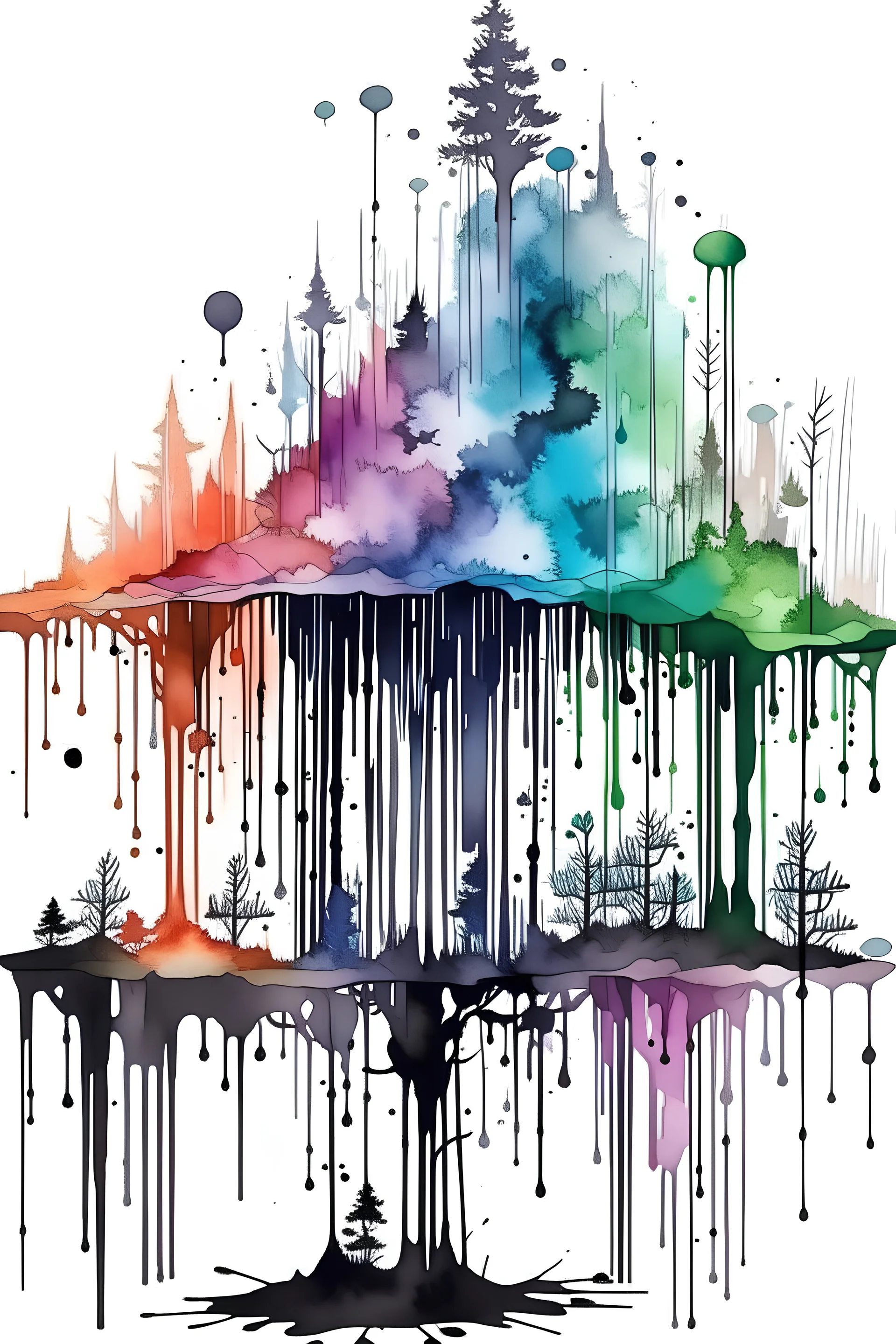 create cover paint,Watercolour effect, waterfall forest ink blot test, white background, muted colour's.no black outline, no black colour only white more watercolour blobs, no black outline, other coloursstyle coloring book