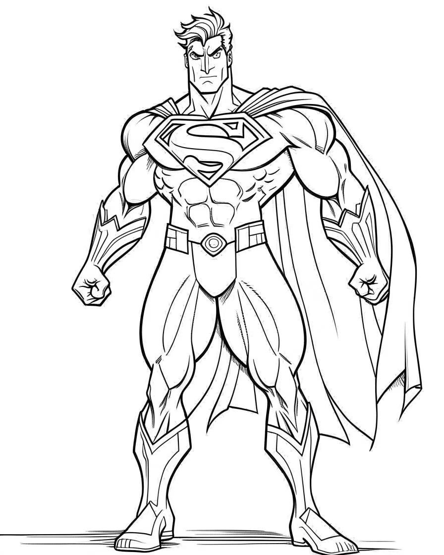 superman coloring page, full body (((((white background))))), only use an outline., real style, line art, white color, clean line art, white background, Sketch style