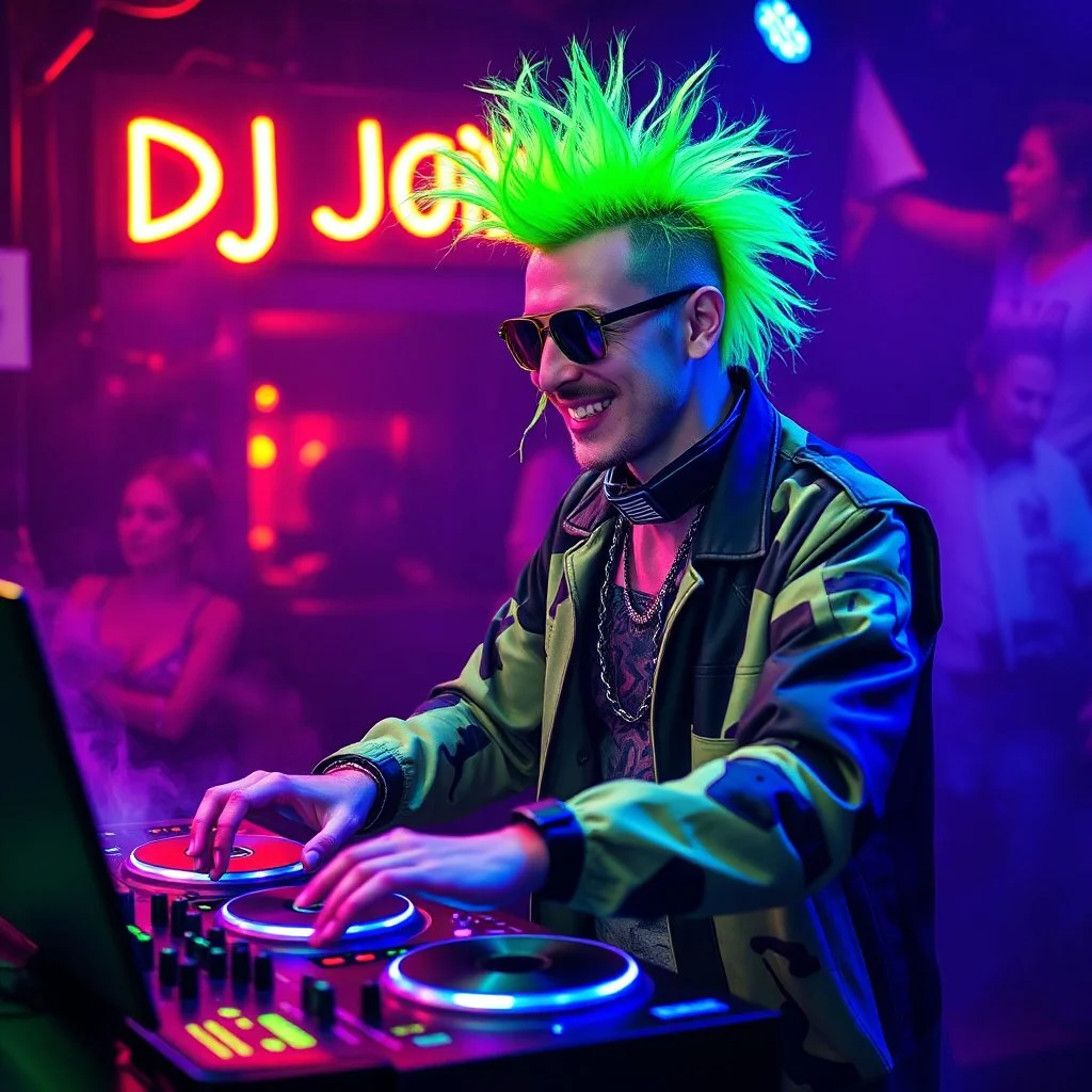 A DJ performing at dance club, his name DJ JüRGEN and looks crazy, crazy green hair with crazy outfit. Neon lights and smog, DJ JüRGEN SIGN ON WALL