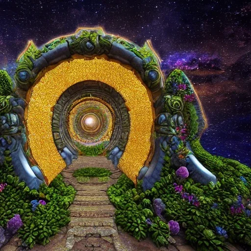 An intricate, elaborate open stone portal to galaxy, plants and flowers, milkyway, planets, intricate, ultra-fine detail, 8k, ornate, sharp, crisp, high-quality, 3d, realistic, digital art,