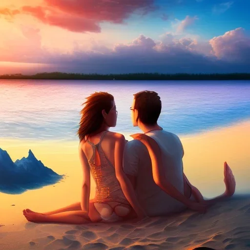 2 lovers watching the sunset sitting in the sand on a sand island