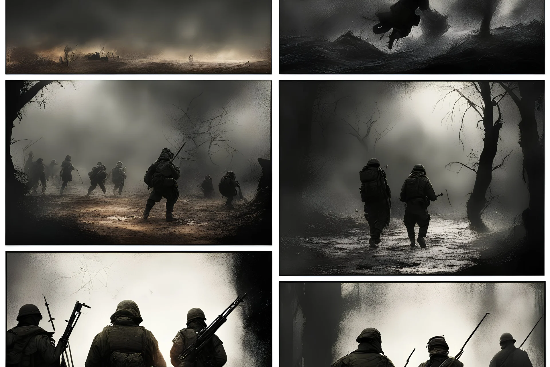 Masterpiece1:5)(Fineart), (award-winning:1.5), highest quality, (ultra realism:1.5) digital painting (by Alex Howitt, Bess Hamiti, Guy Aroch:1.8)),(Eastern Ukraine:(panel one:the moment after a battle ends, horrors of war, wounded men),(2nd panel, cinematic shot of men sitting in trench with 1000 yard stare (focus on their eyes:1.5)),(the third panel shows troops tired but hyper alert), (the fourth panel shows the sky is filled with incessant, fire and smoke everywhere,)