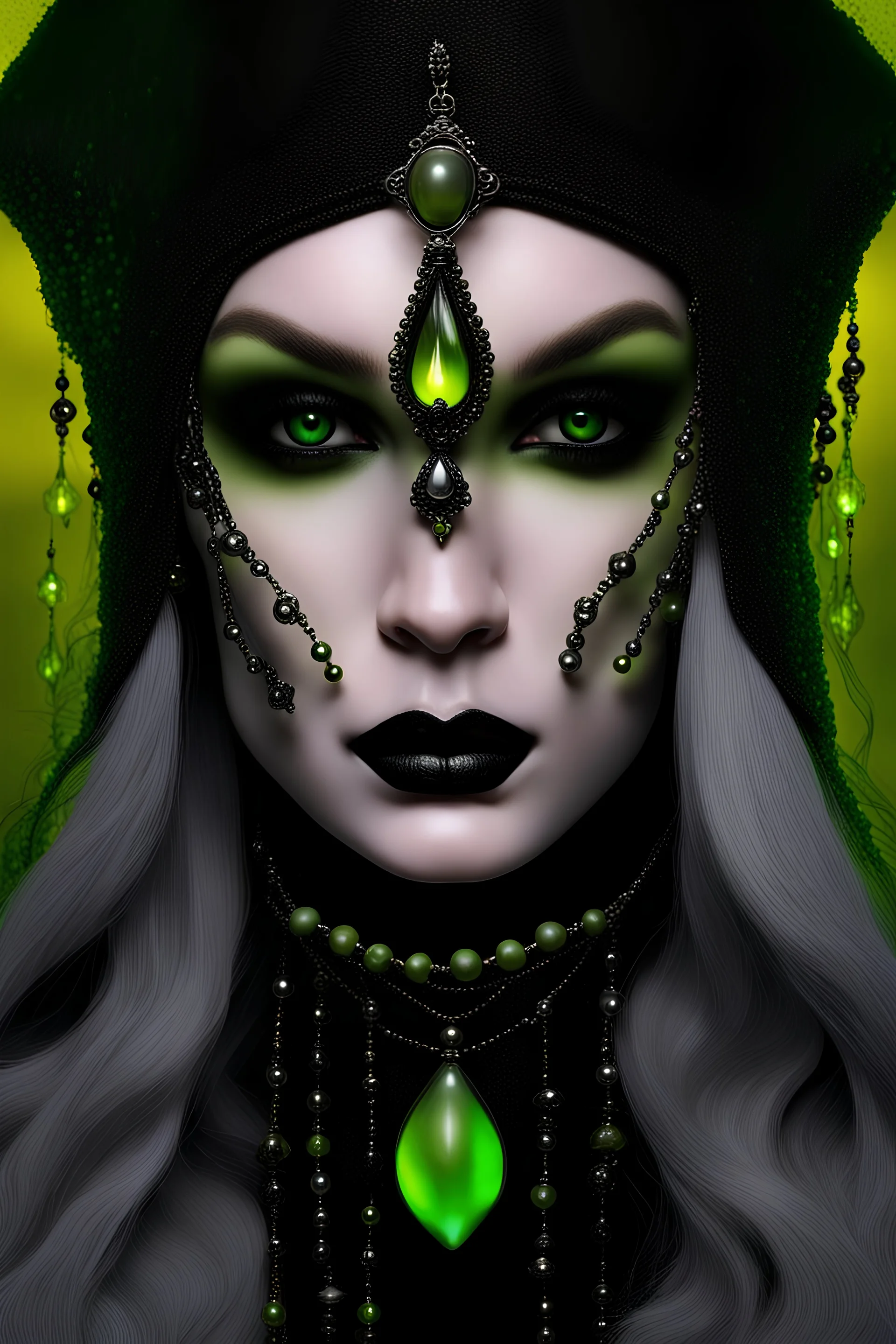 Beautiful silver and black and green witch woman portrait adorned with bioluminescense Halloween yellow white and green and black beads