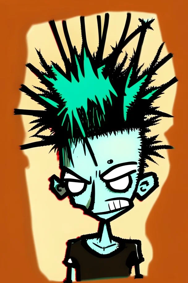 2d drawing of a stickman, cool with punk hair, x eyes like in hangman, slight smile, showing piece sign ,3d realistic in colour