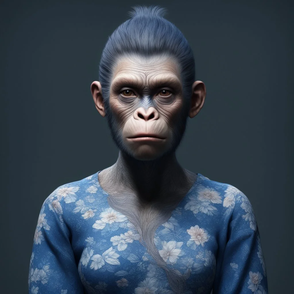 mugshot, Planet of the Apes, blue, large, floral designs, atmospheric, beautiful, China Doll, , dark background, mid shot, full body, neutral expression, buzzcut hair, ultra realistic, highres, superb, 8k wallpaper, extremely detailed, intricate, limited palette,