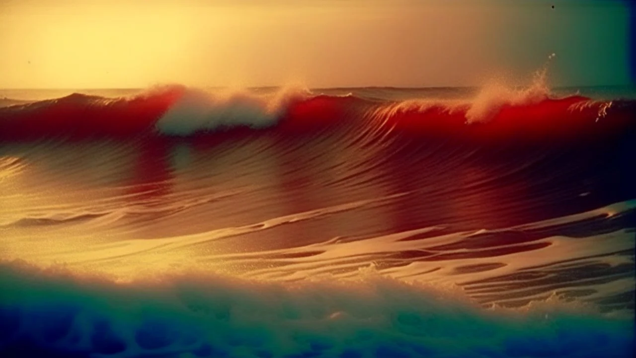 antique analog vintage, Massive waves crashing violently against a sandy beach, the house trembling as it resembles a ship in rough waters, with bright lightning illuminating the scene during a fierce storm., navy blue, cherry red and soft cream color scheme, redscale, red light leaks, warm, bright sunlight, stained vignette, highly detailed found footage, desaturated faded film, film skratches and dust