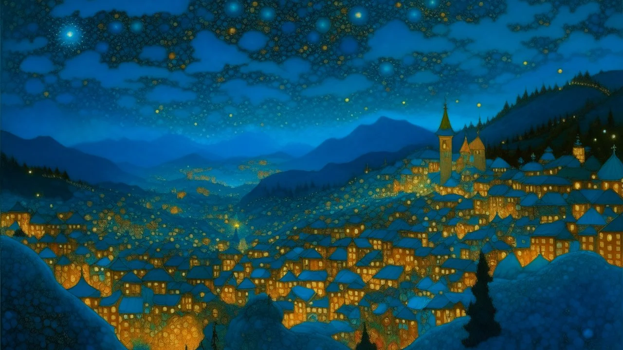 A dark cyan bazaar in the sparkling sky designed in medieval tapestry painted by Paul Ranson