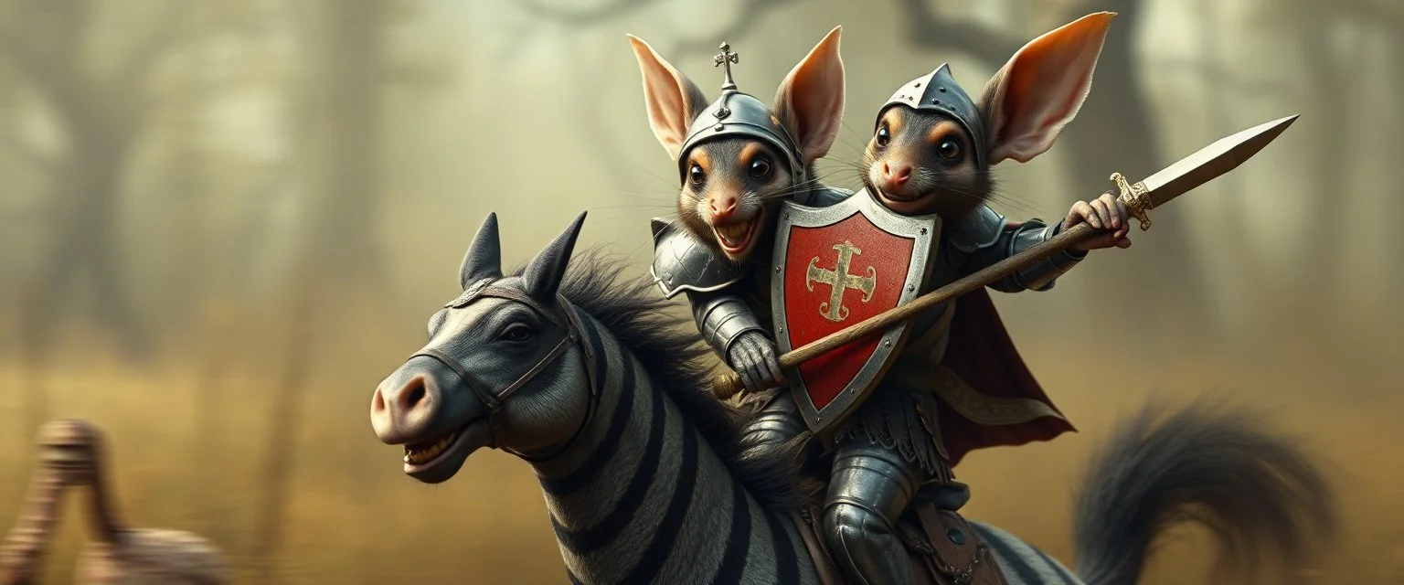 Close up on mouse. Horse jumping over a mote. Background blur. Fast Chase. The Large Gremlin with knights metal full armor, chest plate, leather in the back, helmet, and small sword and a red shield, smiling wide with white teeth, and sitting atop a weird striped pig horse, in the Style of Rembrandt and Fallout 4(Fantastical Mouse/Rat Gremlin Count) This creature blends realism with fantasy, appearing as a mythical forest dweller